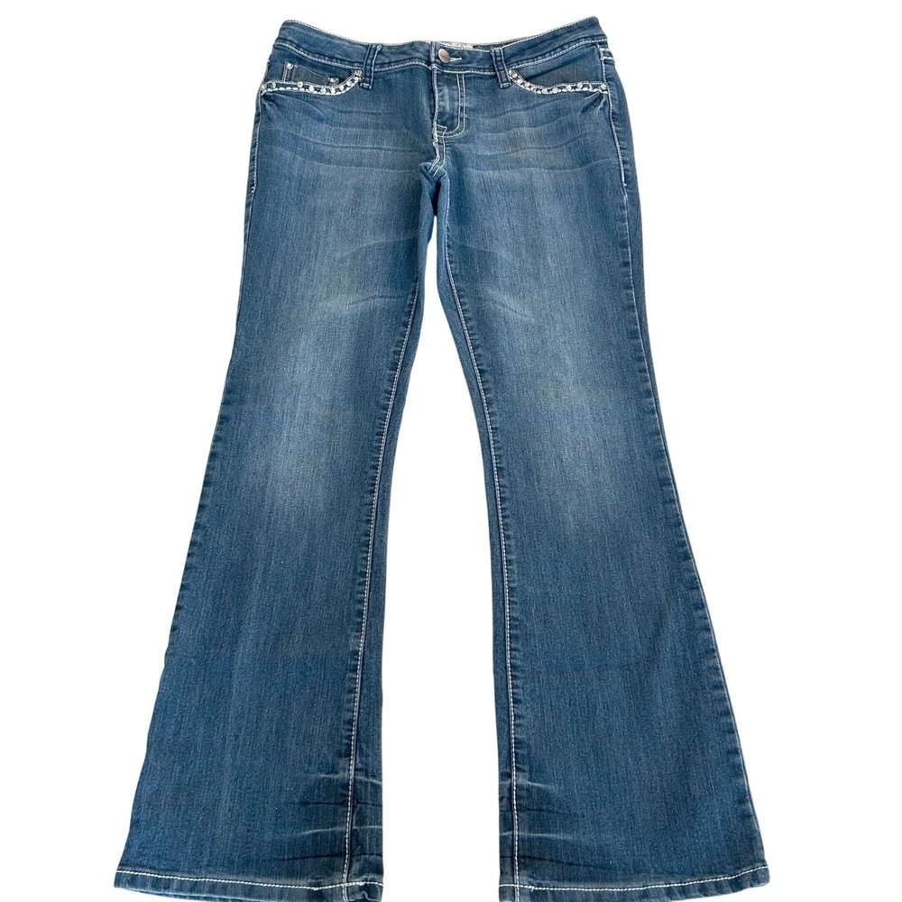 Project Indigo Flare Jeans Womens 11 Blue Rhinestone Contrast Stitch Y2K Western